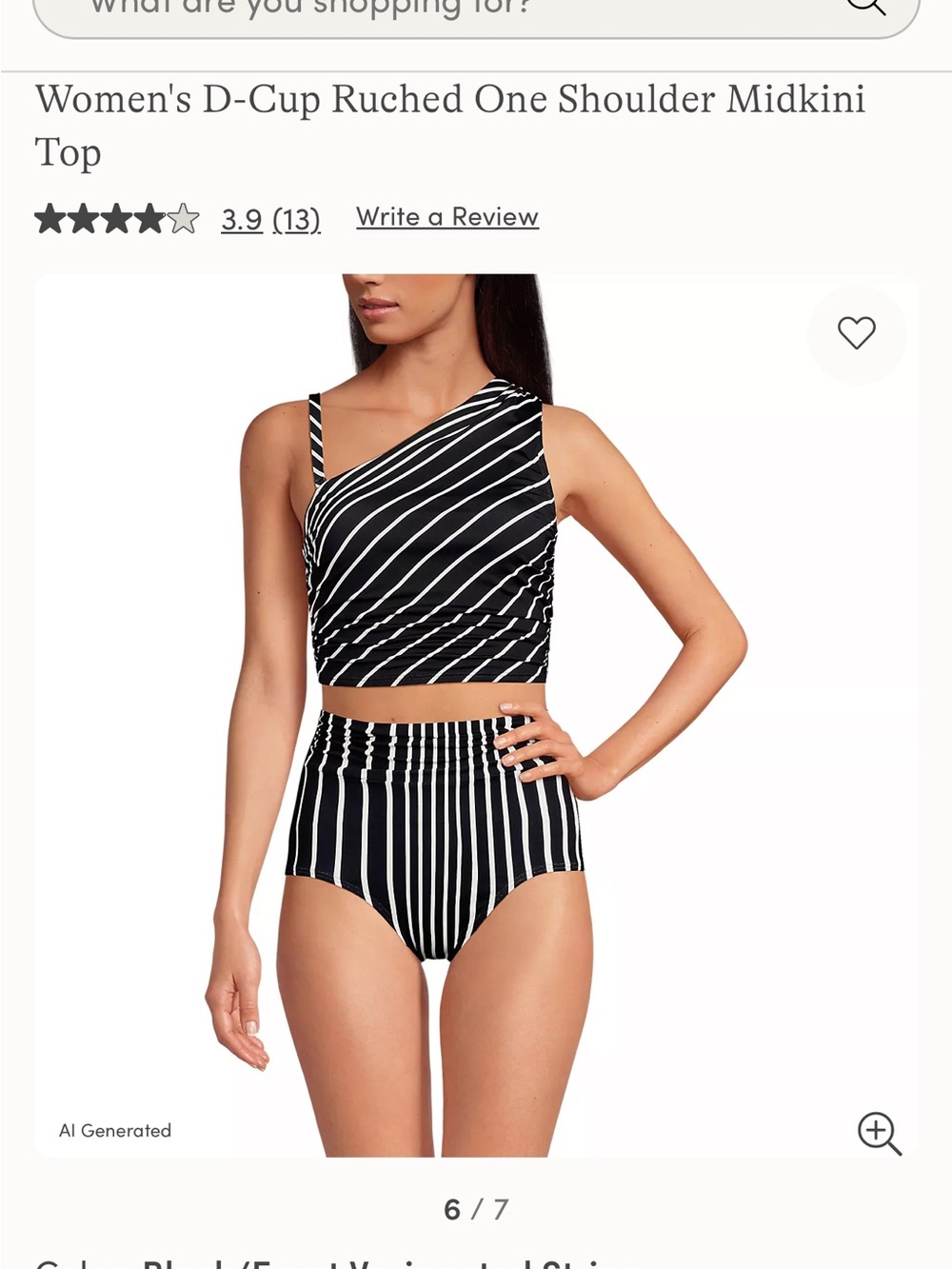 Lands' End Black and White Striped One-Shoulder Ruched Midkini Top w/ Bottoms